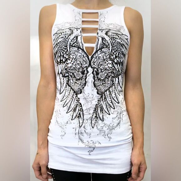 Platinum Plush Mirrored Skull Ladder Rhinestone Top - Picture 1 of 3
